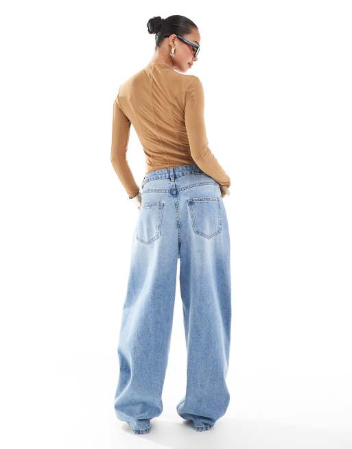 ASOS DESIGN high waisted barrel leg jeans in light mid blue