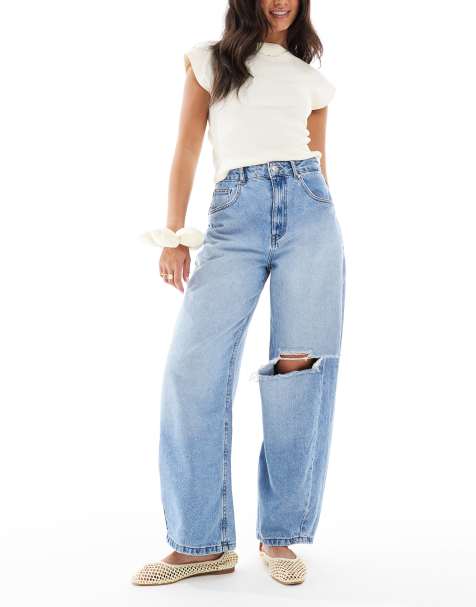 ASOS DESIGN high waisted barrel leg jeans in light wash with rips - view 1