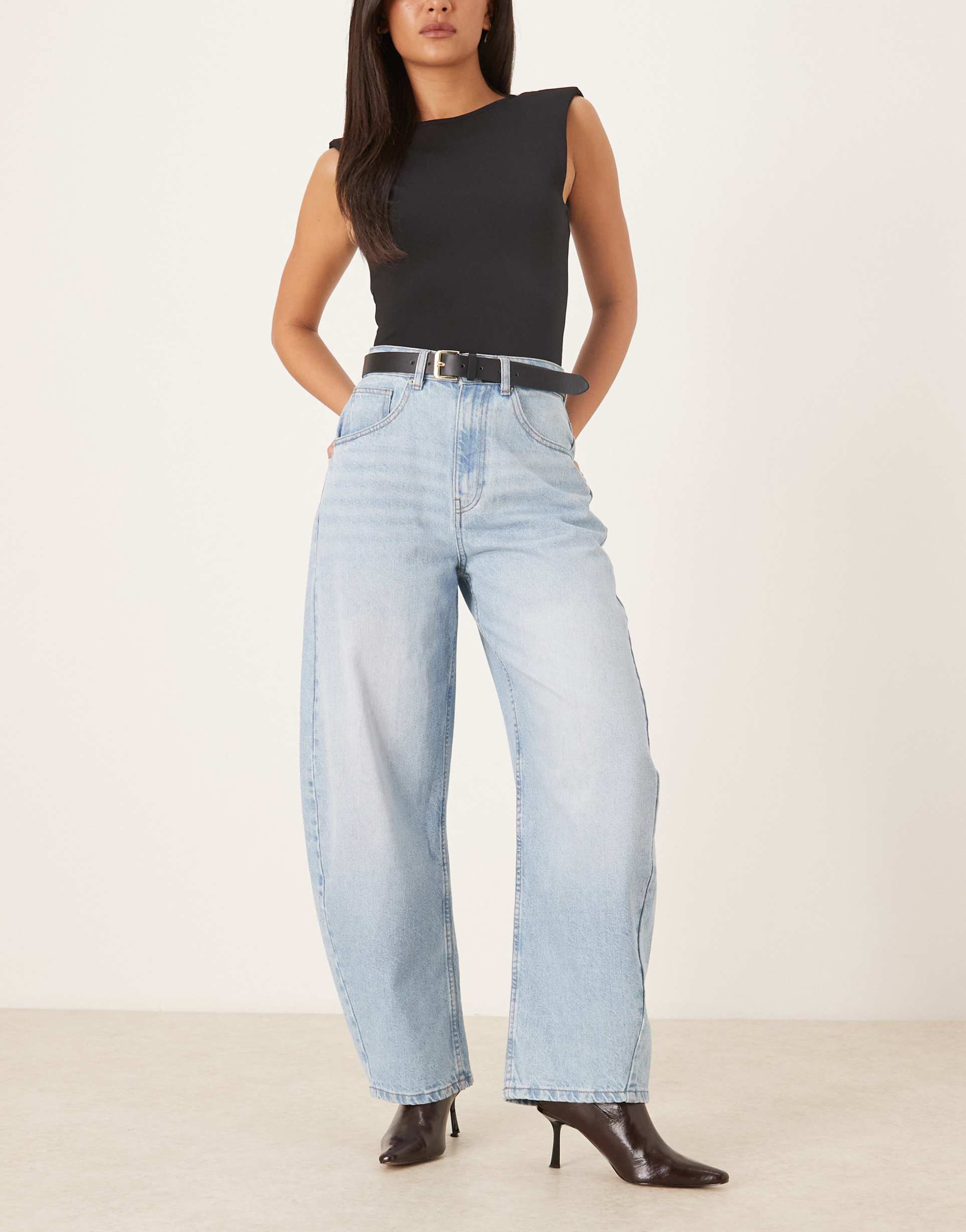 asos design high waisted barrel leg jeans in lightwash