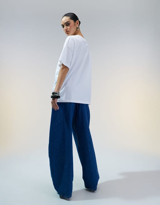 ASOS DESIGN high waisted barrel leg jeans in mid blue 
