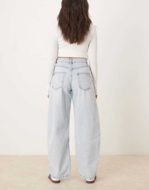 ASOS DESIGN high waisted barrel leg jeans in pale wash with rips