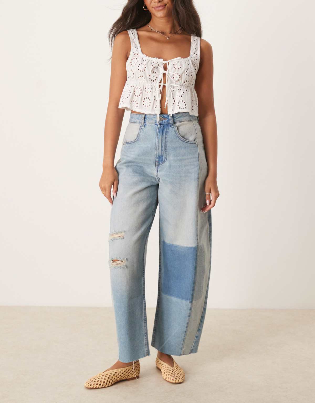 ASOS DESIGN high waisted barrel leg jeans in patchwork in blue