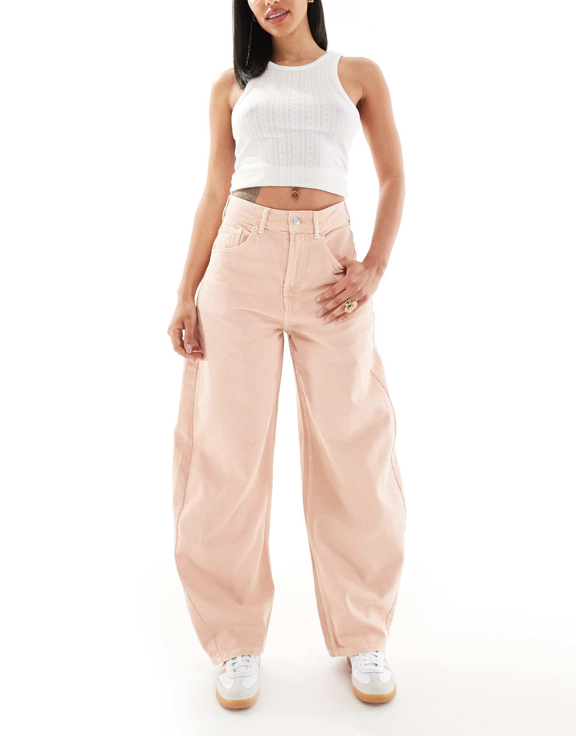 asos design high waisted barrel leg jeans in peach