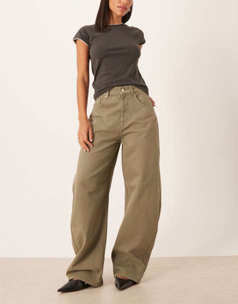 ASOS DESIGN high waisted barrel leg jeans in washed khaki - view 1