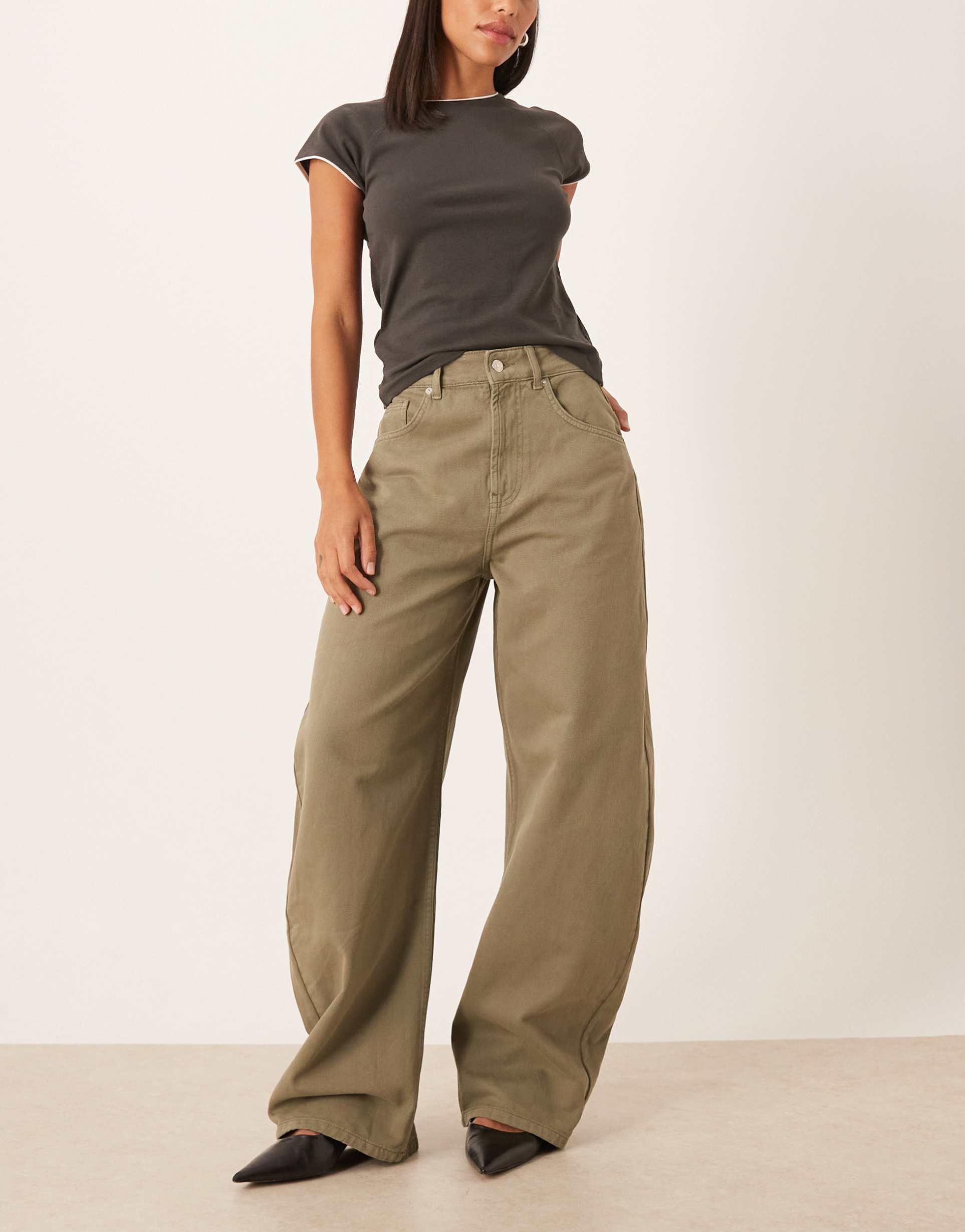 asos design high waisted barrel leg jeans in washed khaki