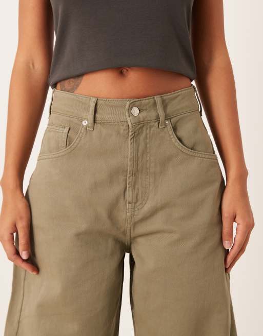 ASOS DESIGN high waisted barrel leg jeans in washed khaki