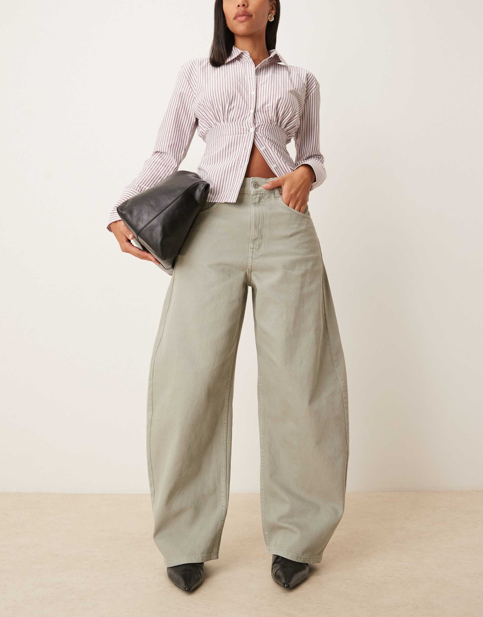 asos design high waisted barrel leg jeans in washed khaki