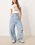 [ASOS DESIGN] ASOS DESIGN high waisted barrel leg jeans with rips in light wash-Blue 14 Bleach