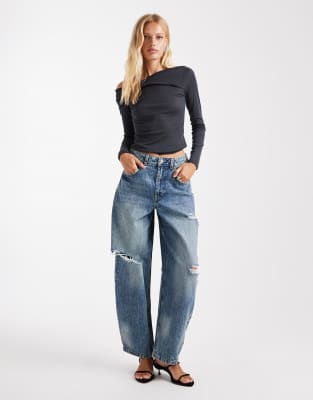 Asos Design High Waisted Barrel Leg Jeans With Rips In Blue