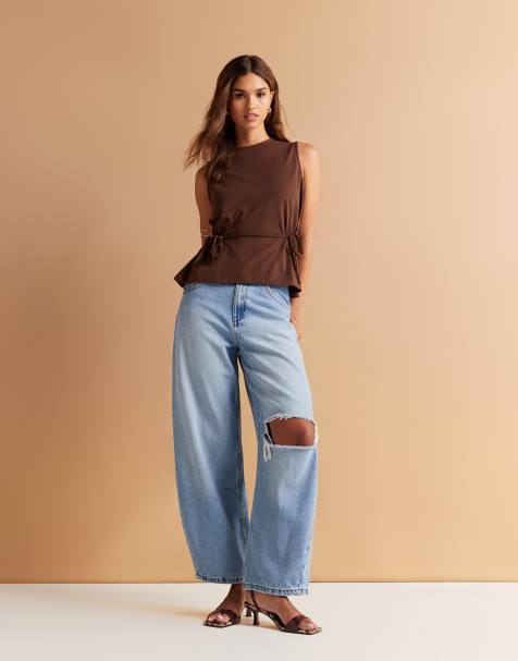 ASOS DESIGN high waisted barrel leg jeans with rips in mid blue - view 1