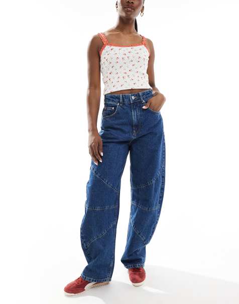 ASOS DESIGN high waisted barrel leg jeans with seam detail in mid blue - view 1