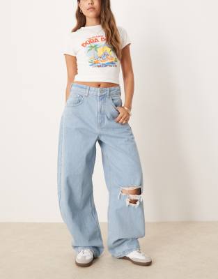 ASOS DESIGN high waisted barrel with rips in light wash - view 1