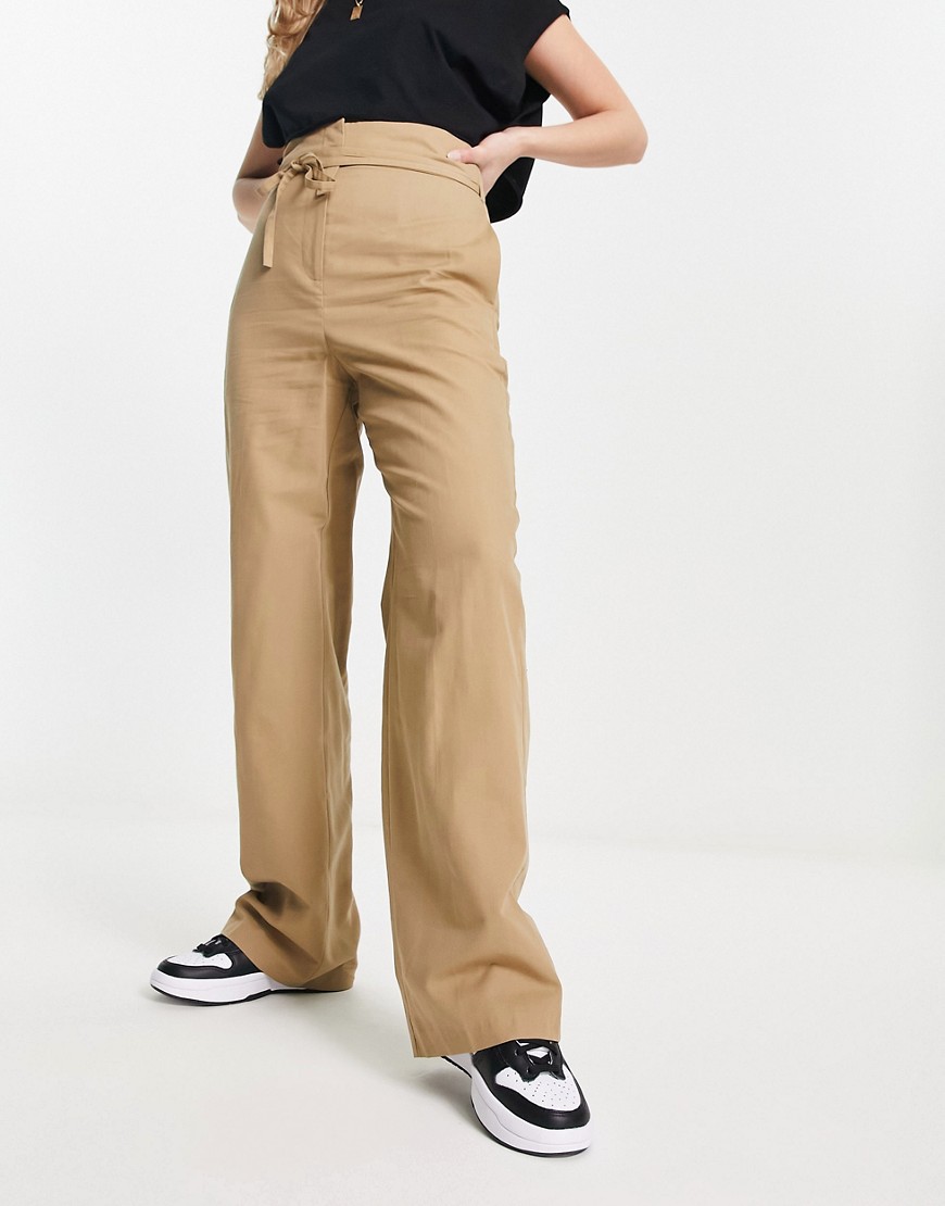 ASOS DESIGN high waisted double tie trousers in light brown
