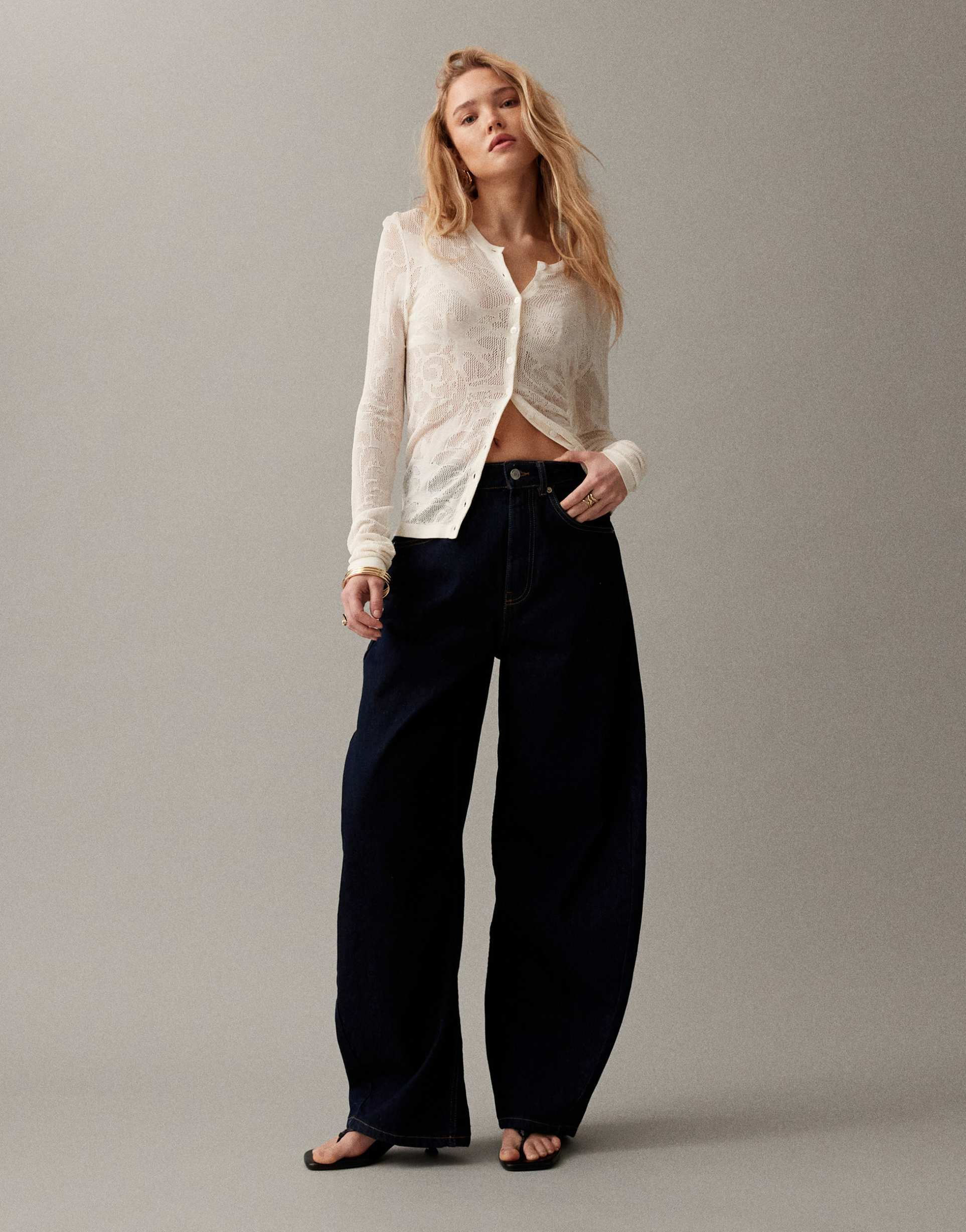 asos design high waisted horseshoe barrel leg jeans in rinse wash