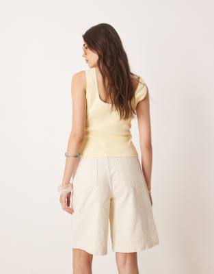 Asos Design High Waisted Longline Denim Jorts-white In Neutral