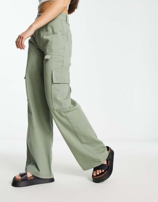 ASOS DESIGN high waisted straight leg cargo pants in sage