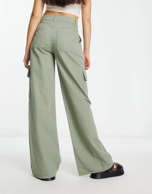 ASOS DESIGN high waisted straight leg cargo pants in sage