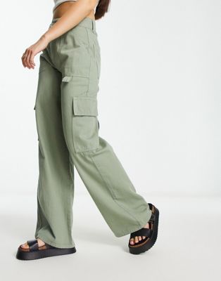 ASOS DESIGN high waisted straight leg cargo trouser in sage-Green