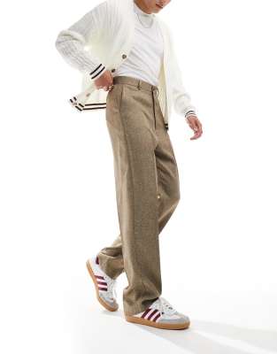 high waisted straight leg wool look pants in brown herringbone