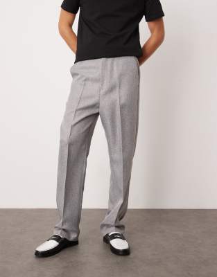 high waisted straight leg wool look pants in light gray herringbone