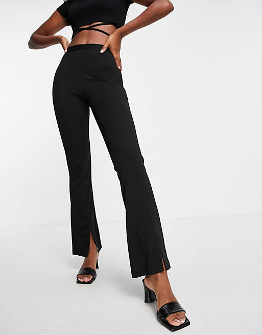 Women high waisted stretch skinny trouser with split front in black 