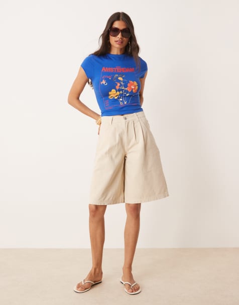ASOS DESIGN high waisted tailored pleated jort in twill in bone - view 1