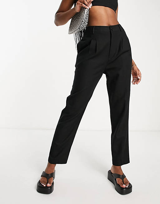 ASOS DESIGN high waisted tapered pants in black linen | ASOS