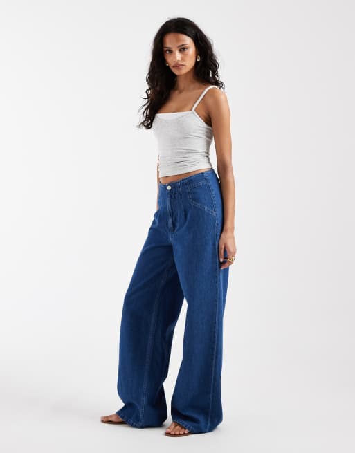 ASOS DESIGN high waisted wide leg jean with grown on waist in clean bright blue, 3 of 5