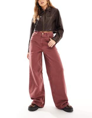 high waisted wide leg jeans in burgundy-Red