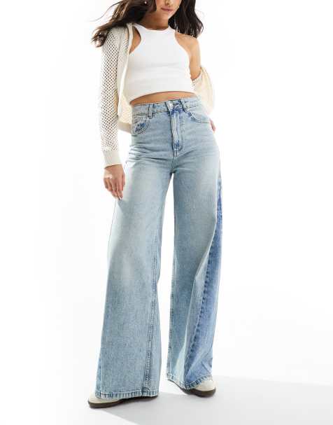 ASOS DESIGN high waisted wide leg jeans with cinch and patchwork twisted seam  - view 1