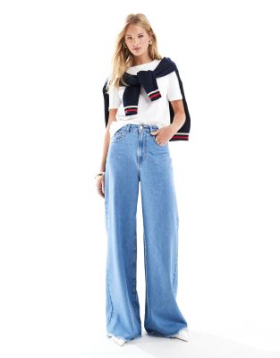 high waisted wide leg jeans with cinch in clean blue