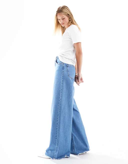 ASOS DESIGN high waisted wide leg jeans with cinch in clean blue , 3 of 5