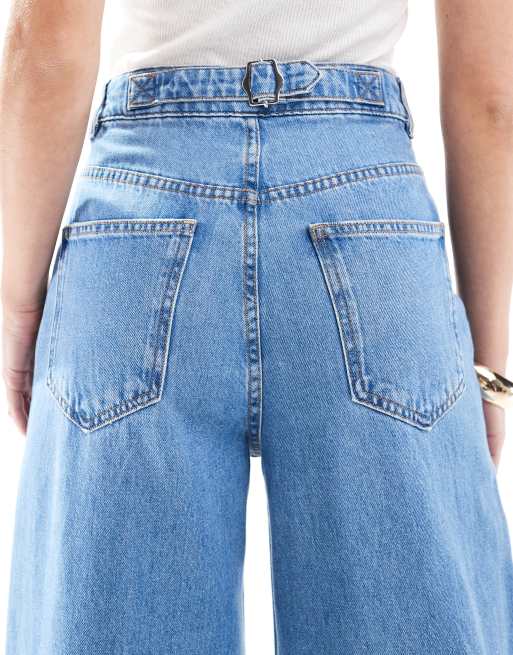 ASOS DESIGN high waisted wide leg jeans with cinch in clean blue , 4 of 5