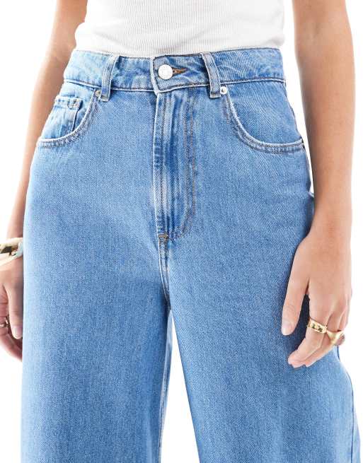 ASOS DESIGN high waisted wide leg jeans with cinch in clean blue , 5 of 5
