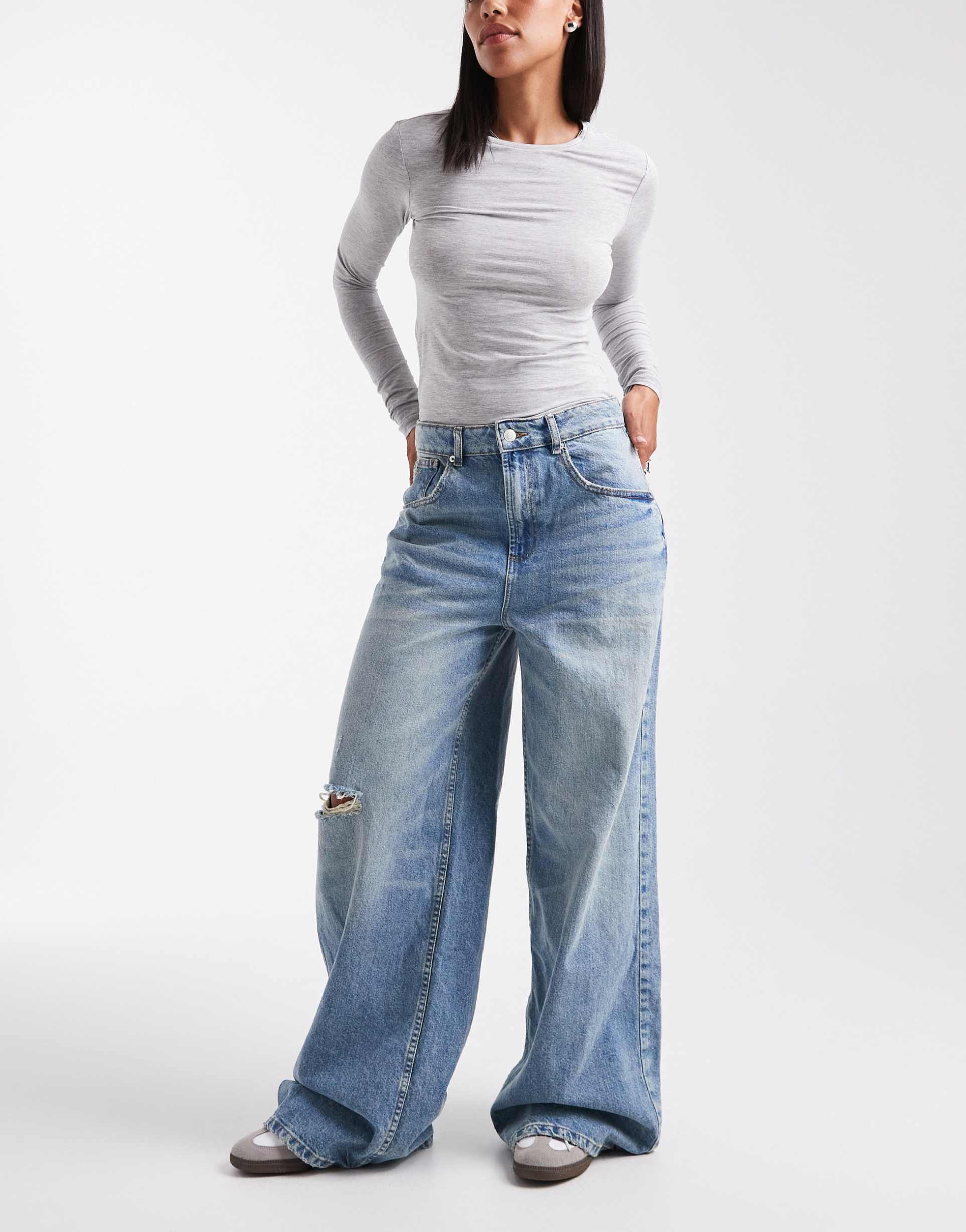 asos design high waisted wide leg jeans with cinch in pale vintage wash