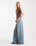 [ASOS DESIGN] ASOS DESIGN high waisted wide leg jeans with cinch in vintage wash-Blue 14 PALE VINTAGE WASH
