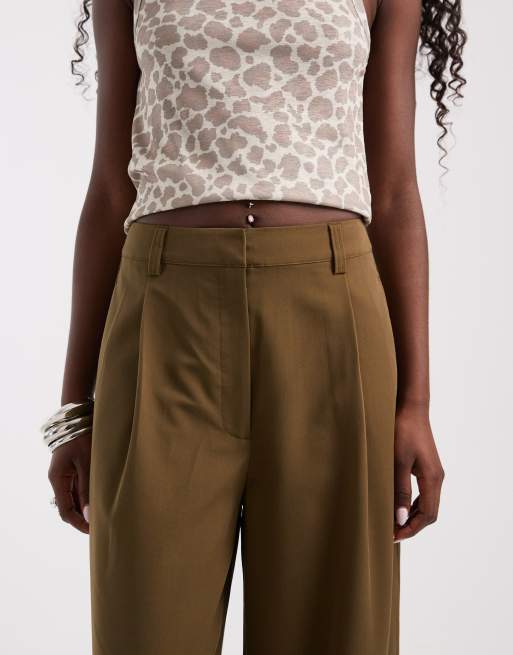 ASOS DESIGN high waisted wide leg pants with cuffs in olive, 3 of 5