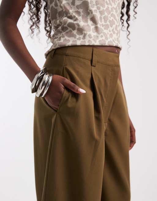 ASOS DESIGN high waisted wide leg pants with cuffs in olive, 4 of 5