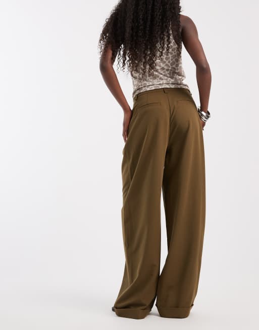 ASOS DESIGN high waisted wide leg pants with cuffs in olive, 5 of 5
