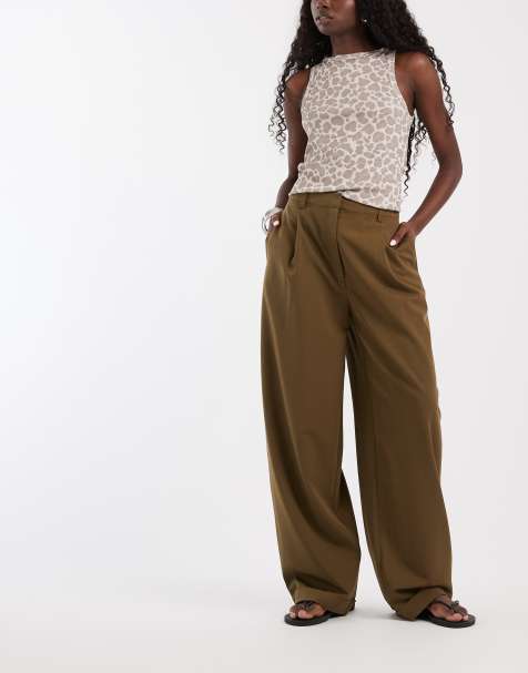 ASOS DESIGN high waisted wide leg pants with turn up in olive - view 1