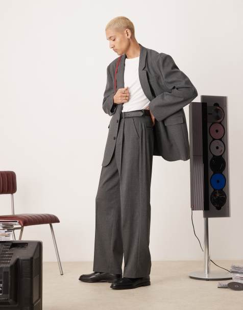 ASOS DESIGN high waisted wide leg suit pants in charcoal herringbone - view 1