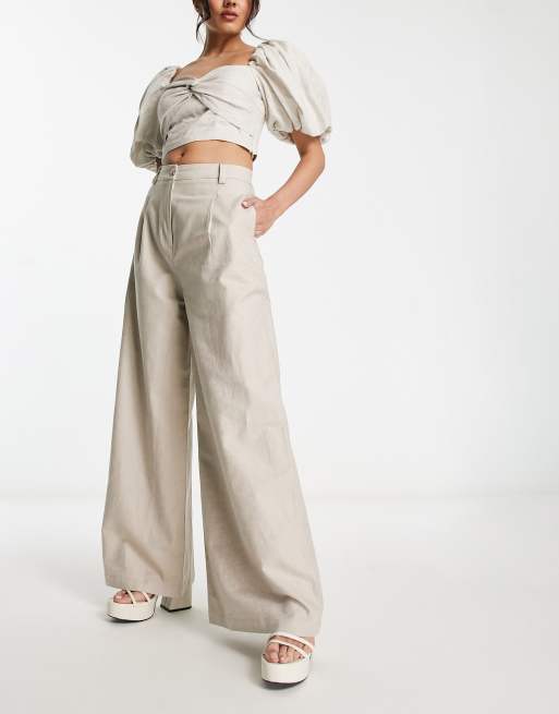 ASOS DESIGN high waisted wide leg trouser in stone