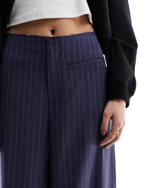 ASOS DESIGN high waisted wide leg trouser trouser with raw edge detail in navy stripe, 5 of 5