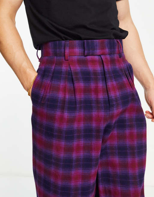 ASOS DESIGN high waisted wide smart pants in purple and pink check