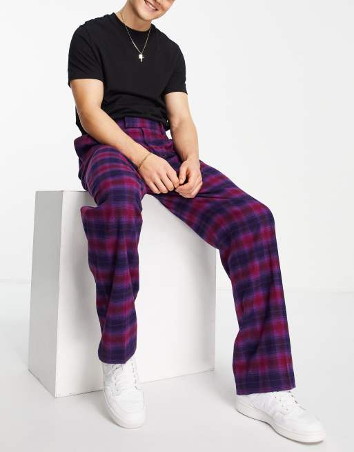 ASOS DESIGN high waisted wide smart pants in purple and pink check