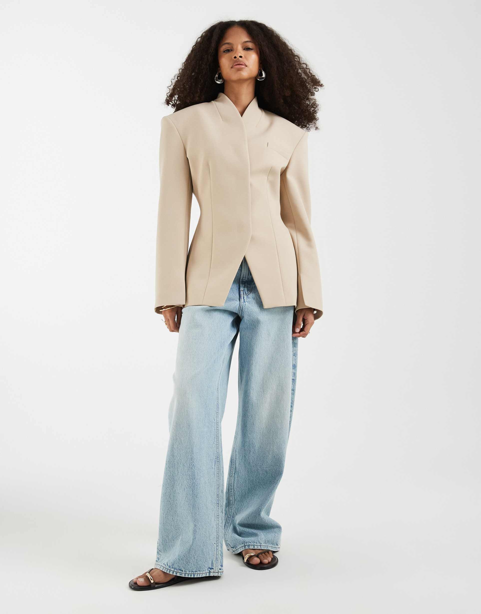 asos design high wrap blazer in beige