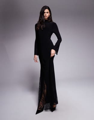 Asos Design Highneck Maxi Dress With Sheer Lace Godet Inserts And Sheer Lace Layered Sleeve In Black