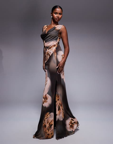 ASOS DESIGN highneck maxi dress with sheer skirt in brown - view 1