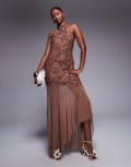 [ASOS DESIGN] ASOS DESIGN highneck maxi dress with sheer skirt in brown L Chocolate