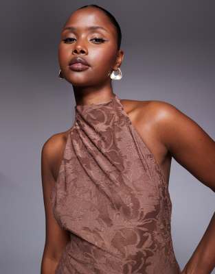 Asos Design Highneck Maxi Dress With Sheer Skirt In Brown